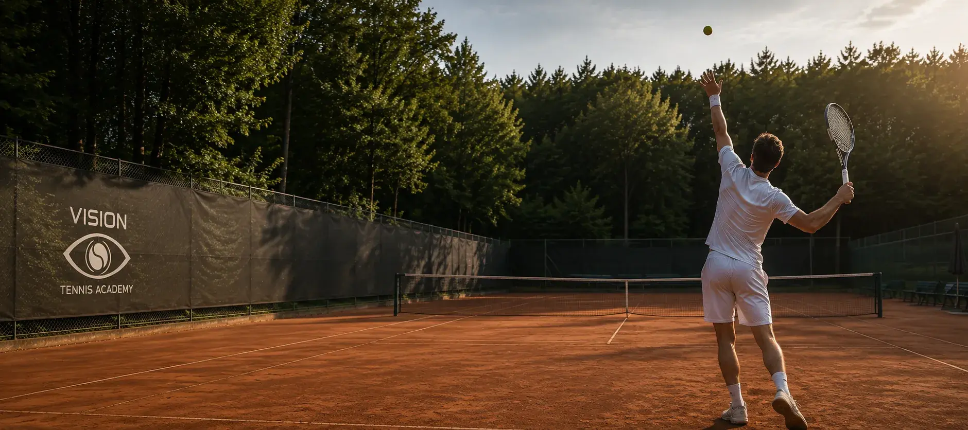 Ein Spieler beim Aufschlag auf dem Sandplatz vor der Bande der Vision Tennis Academy